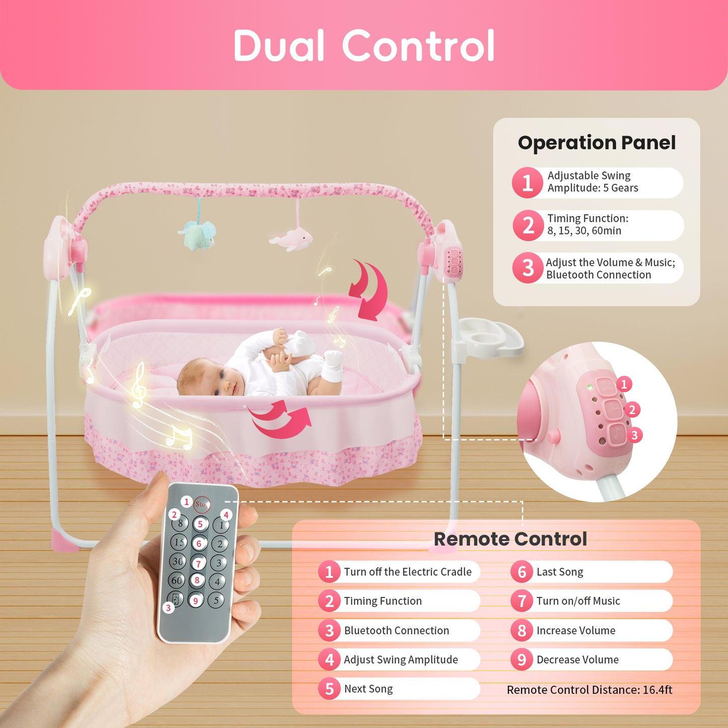 Electric Baby Cradle Swing, Foldable Bluetooth Baby Crib Cradle with Remote Control & Music, Auto-Swing Cradle Crib