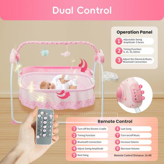 Electric Baby Cradle Swing, Foldable Bluetooth Baby Crib Cradle with Remote Control & Music, Auto-Swing Cradle Crib